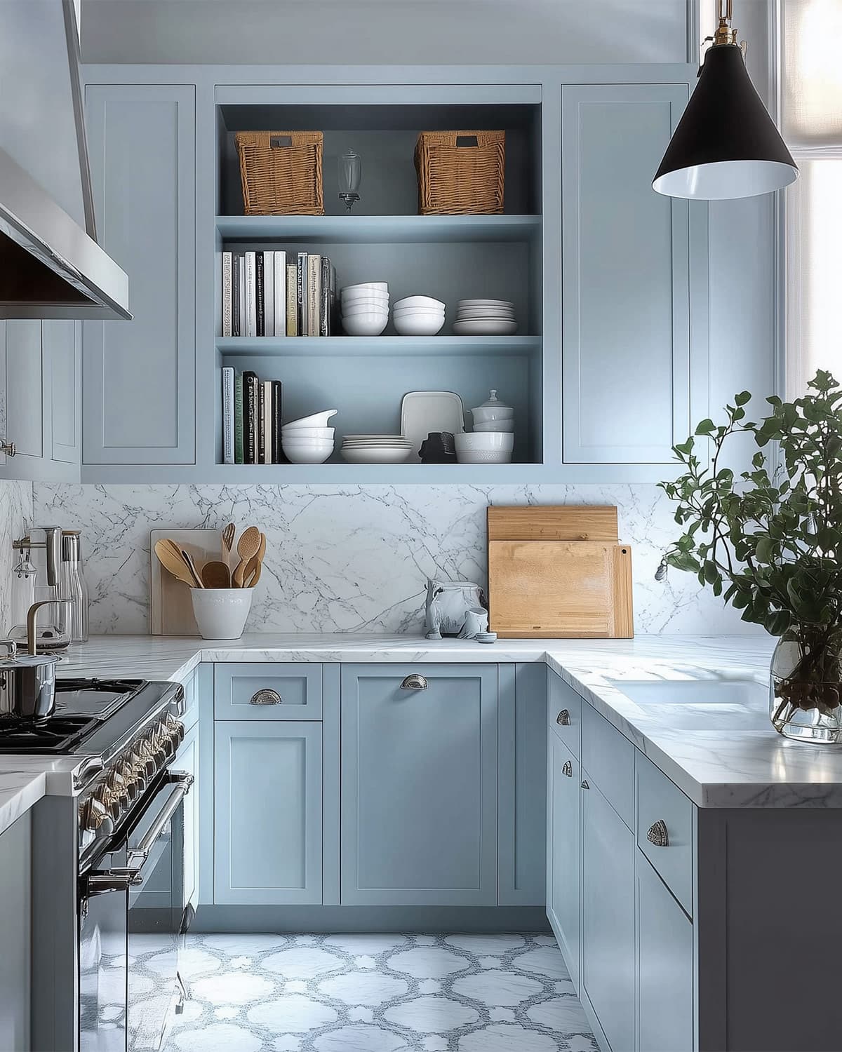 A small kitchen in Benjamin Moore Van Courtland blue.