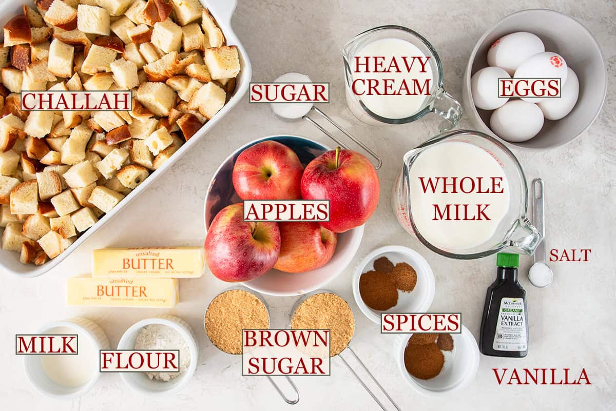 Ingredients to make apple bread pudding with labels on them.
