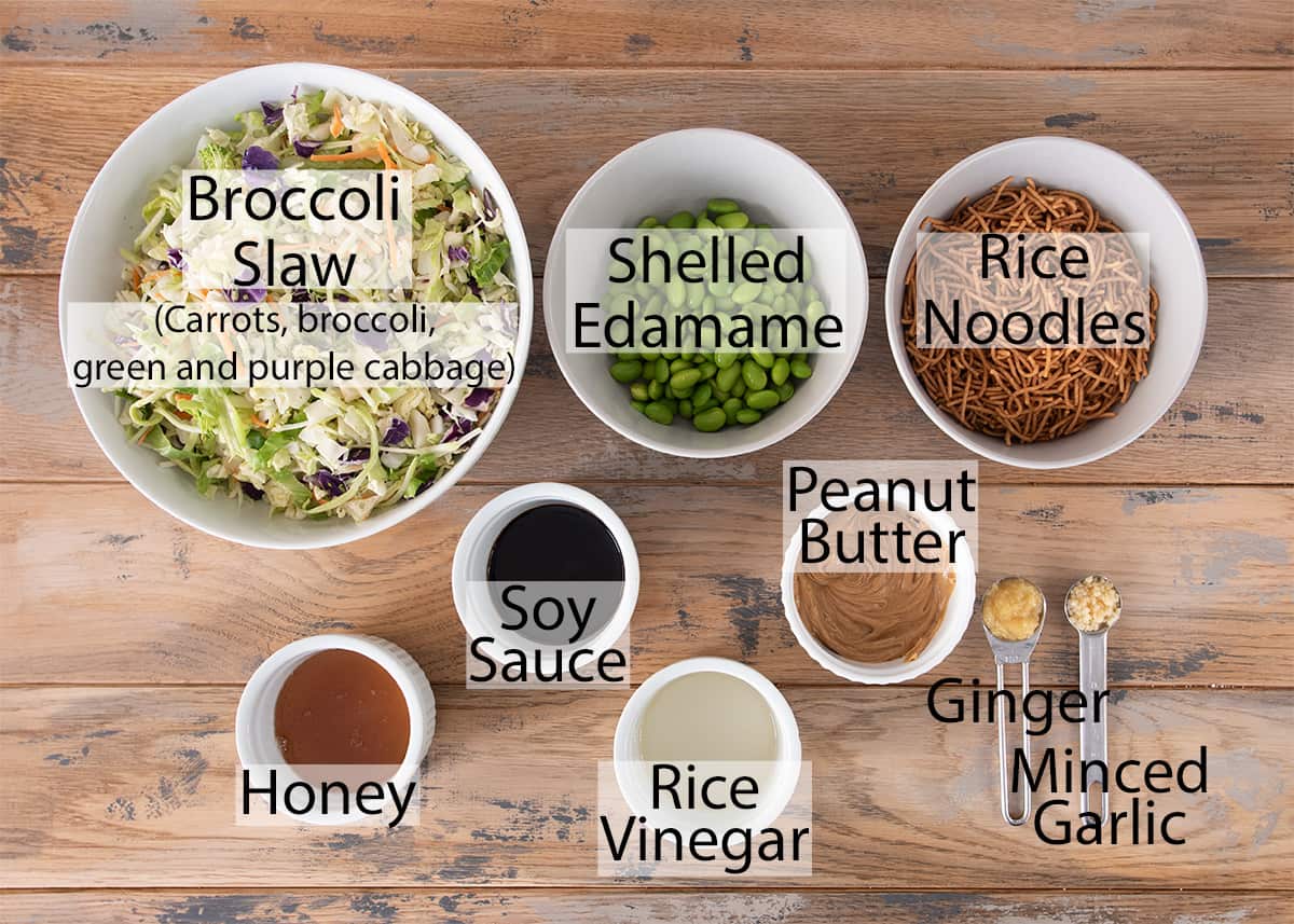 Ingredients to make Asian Coleslaw with text labels.