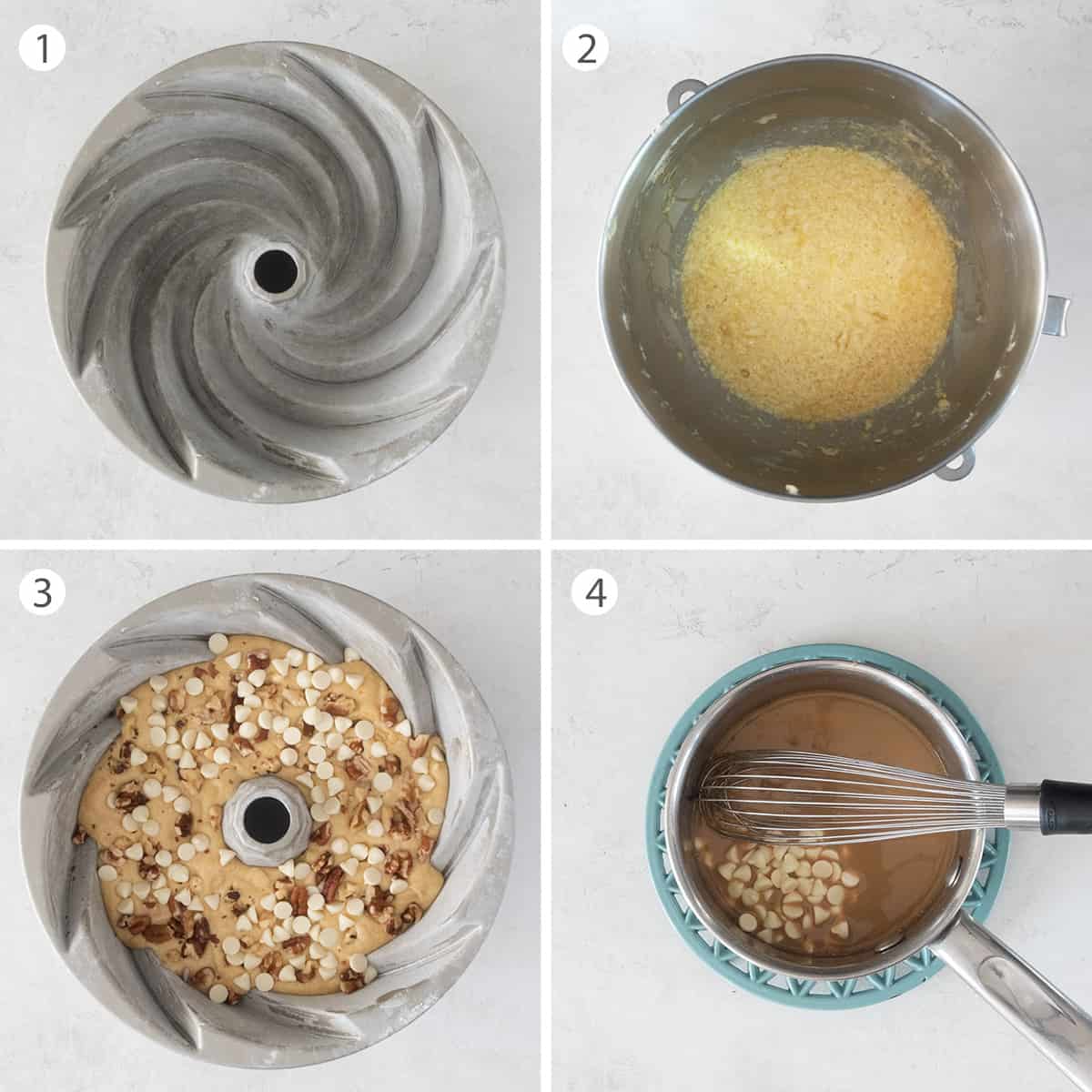 Steps to make a bundt cake and glaze recipe.