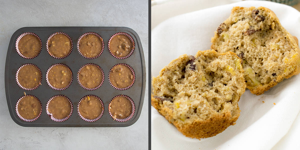 Collage of photos showing how much to fill muffin pan and the muffin texture after baking.