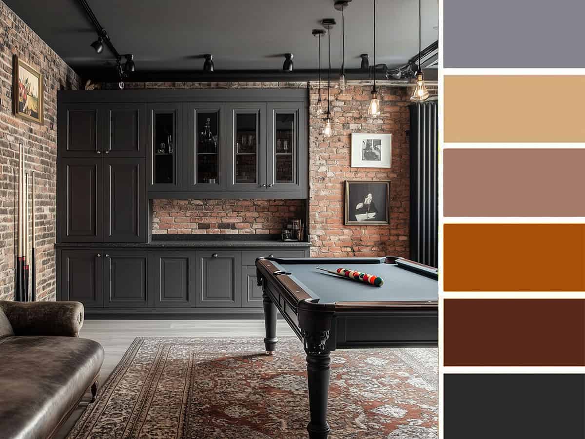 A basement with brick wall, charcoal grey cabinets, pool table, and rug with a color scheme in blocks next to it.