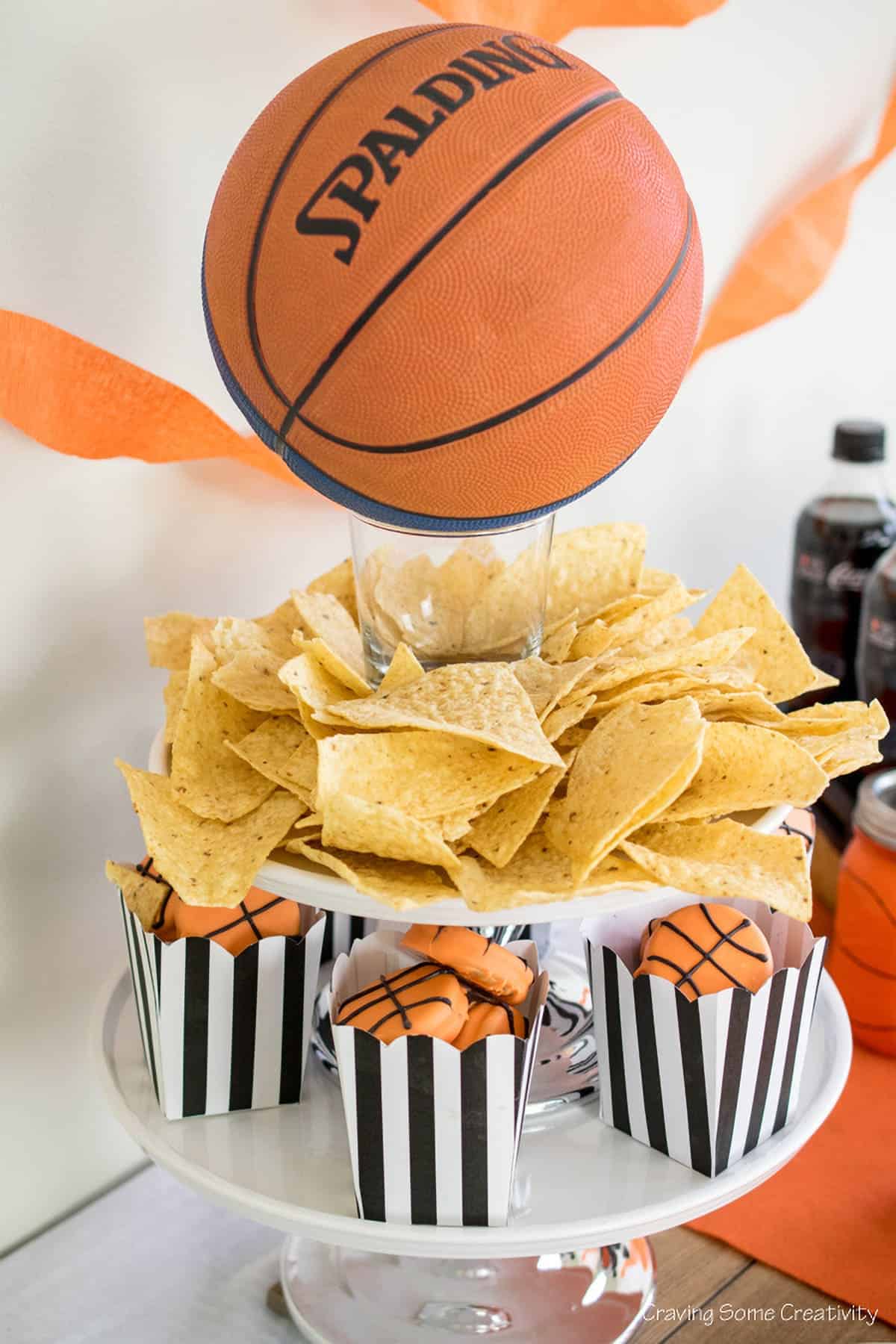 Basketball Party Cupcake stand with popcorn boxes like referee stripes.