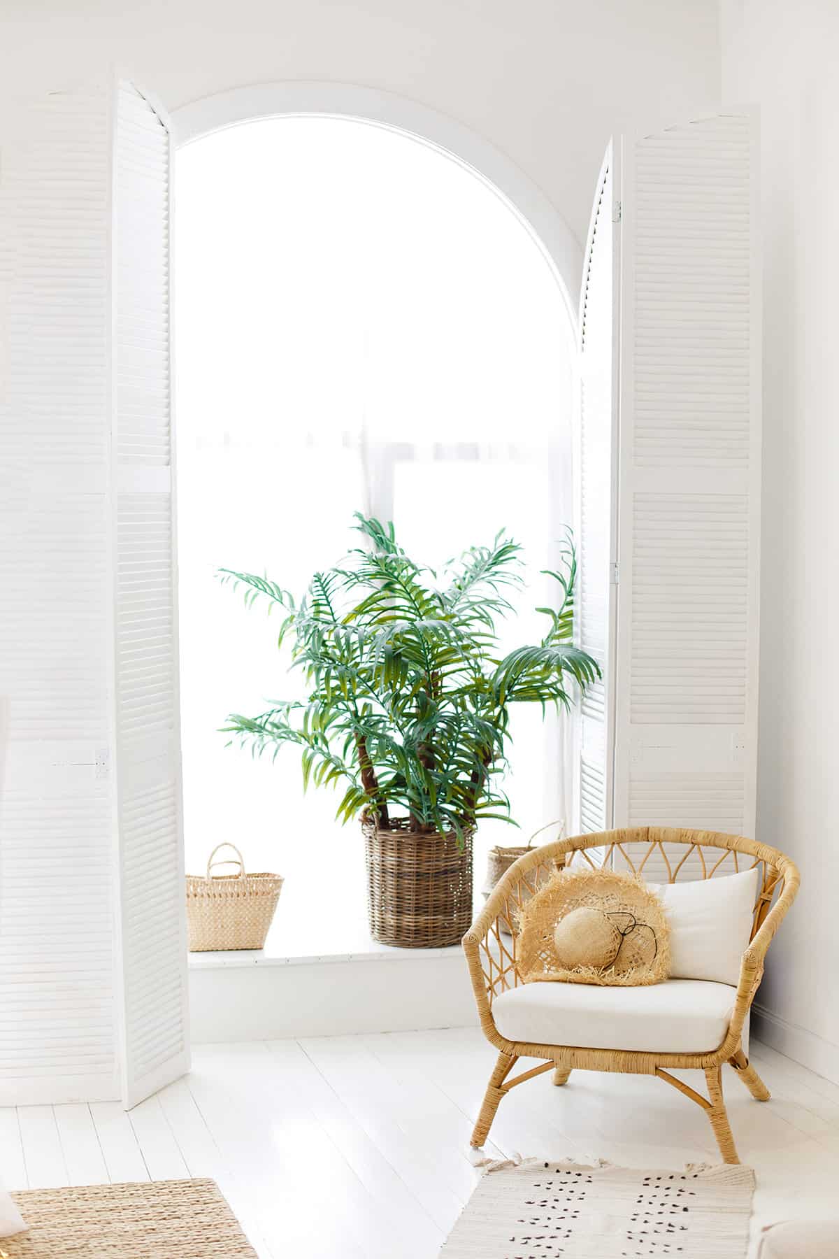 Wicker chair in front of plant and white window with shutters.