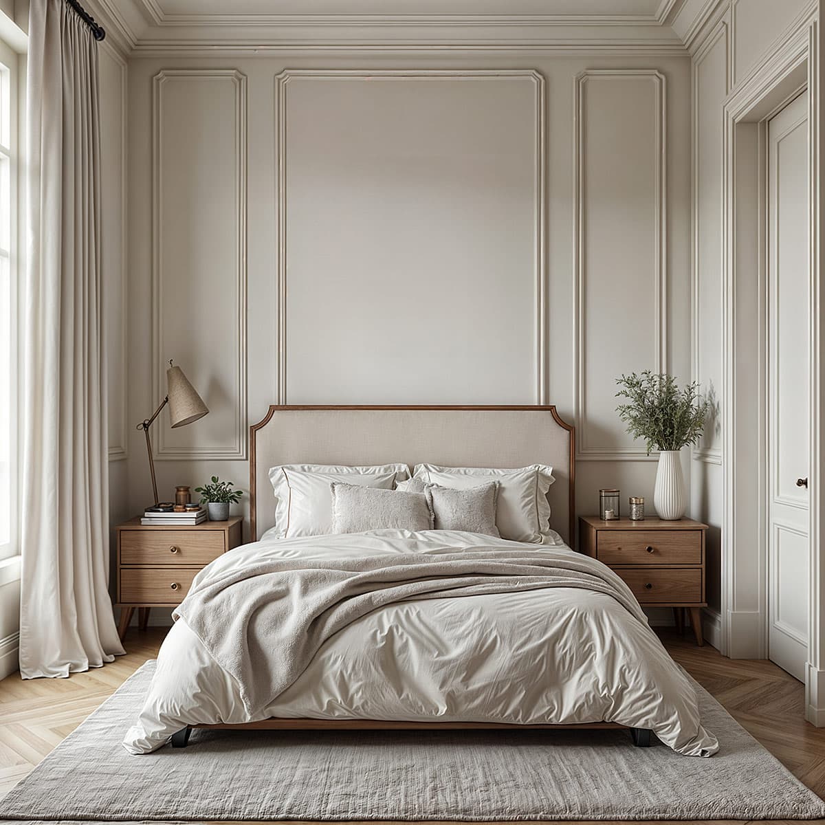 Beige bedroom with unmade bed and two dressers next to a large window with picture frame molding on the walls.