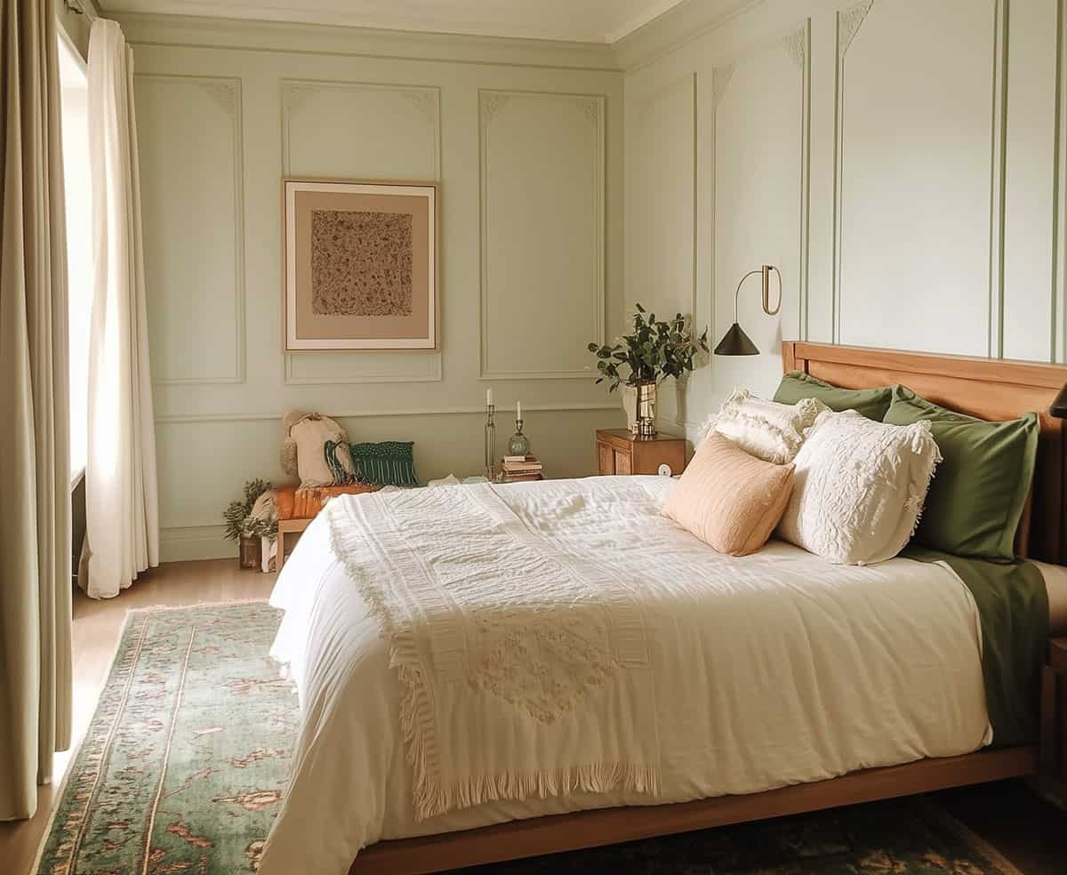 Cottage Bedroom with light green walls with decorative trim molding and white bed.