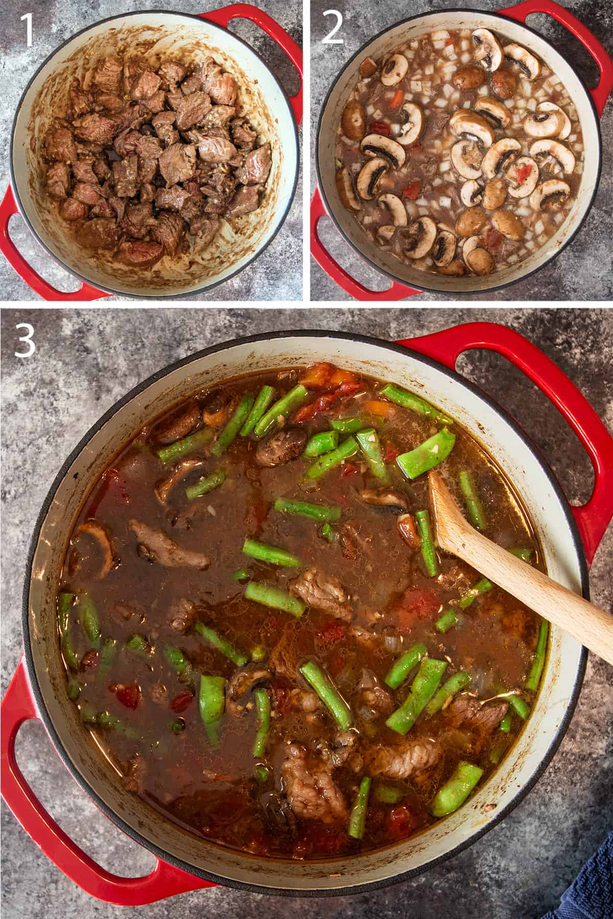 Collage of steps to make beef and rice stew showing the beef browning, vegetables mixed in and the final soup with wild rice.