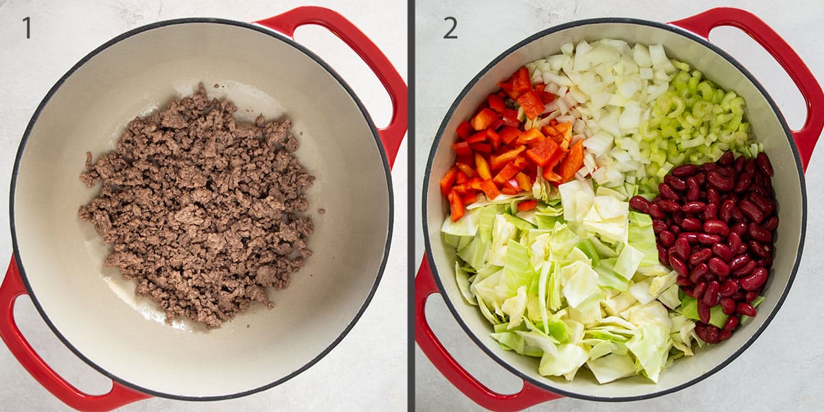 Collage of photos showing steps to making vegetable beef soup including browning beef and adding vegetables.