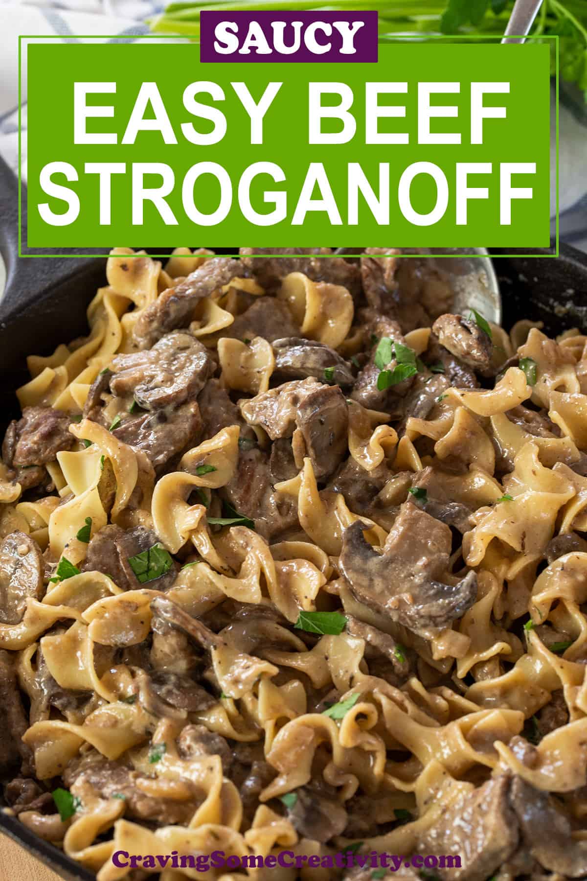 Beef Stroganoff in a cast iron pan with title label.