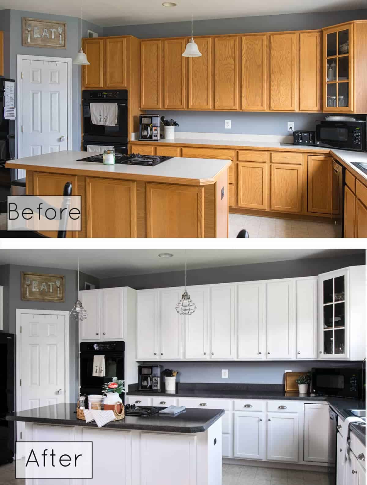 Before and after photo of painted cabinets in kitchen remodel.