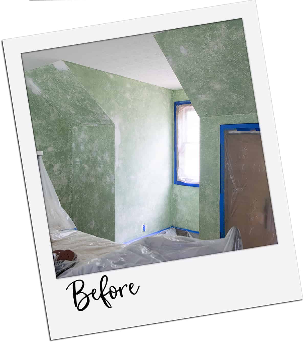 Polaroid frame of a green sponge painted bedroom that is taped for painting.