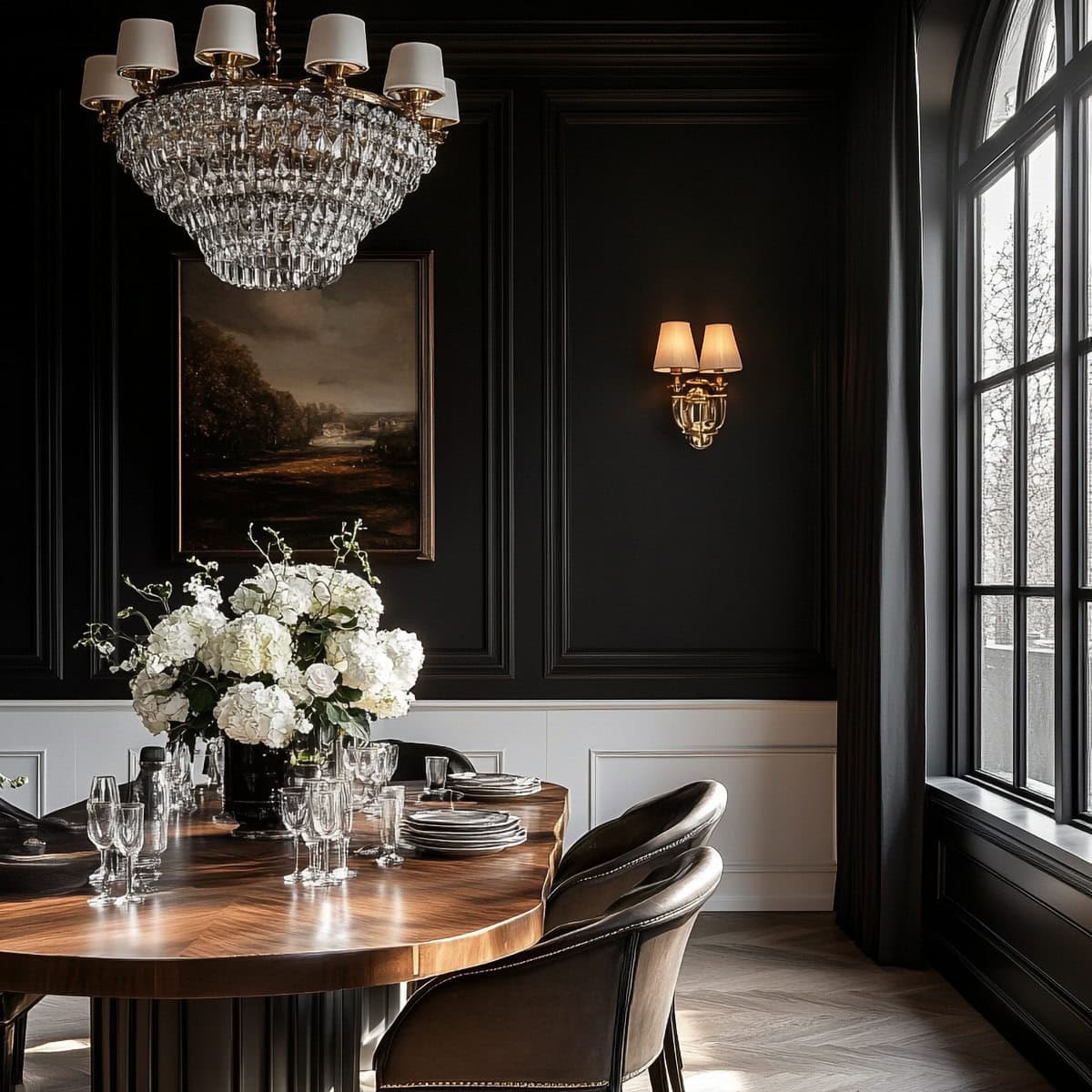 Elegant dining room with black and white walls and large chandelier in Georgian decor.