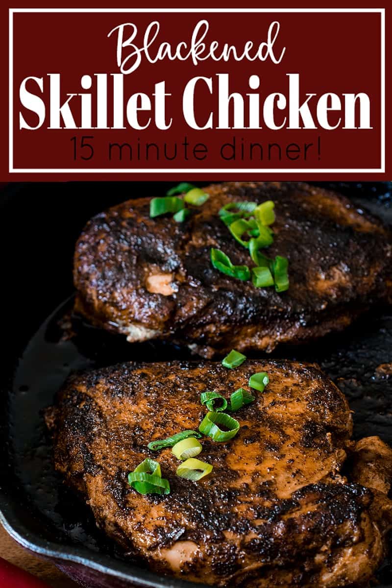 Spicy blackened chicken breasts in a skillet with title.