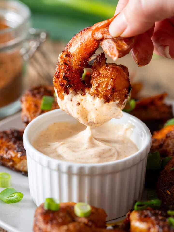 Cajun blackened shrimp dipped in remoulade sauce.