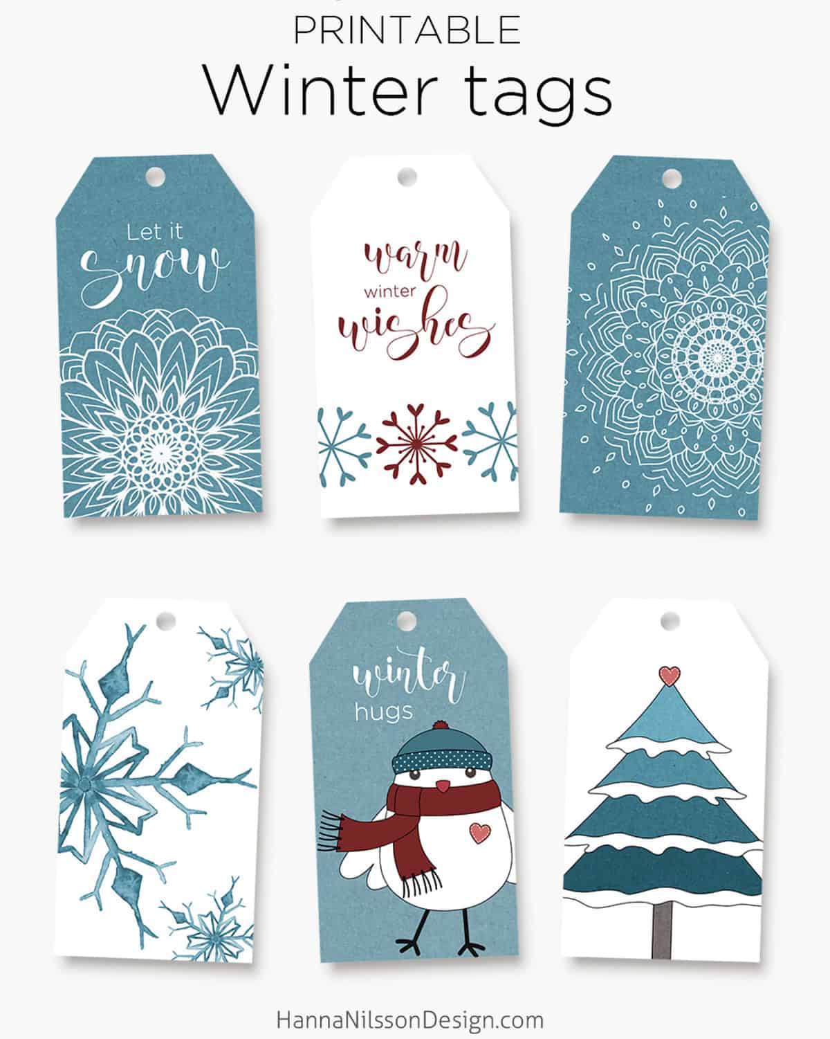 Set of six blue and white winter wonderland themed Christmas gift tags.