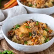 Wine braised chicken fricassee in a bowl over mashed potatoes with gravy and vegetables spooned over.