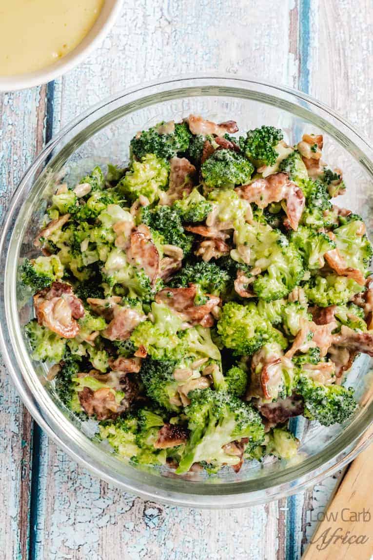 Keto Bacon broccoli salad in a bowl on a table.