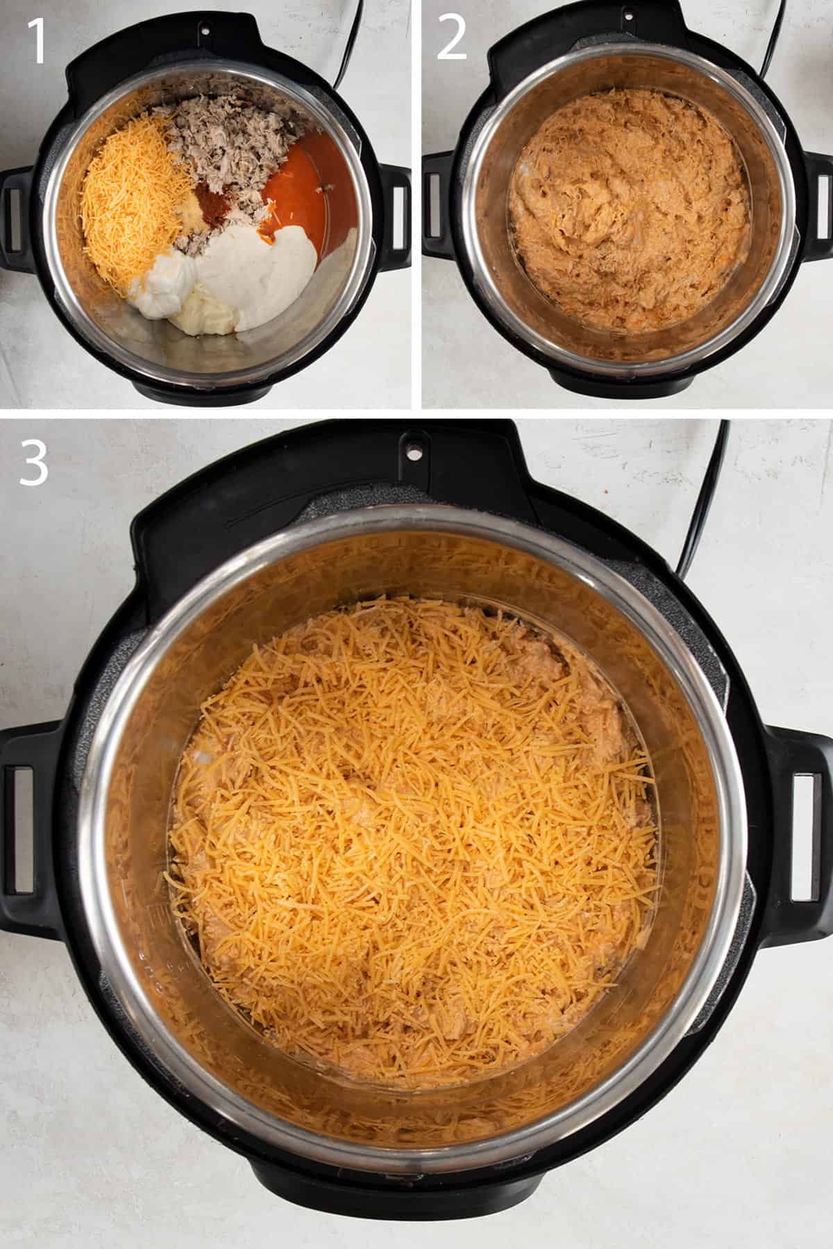 Collage of steps to making buffalo chicken dip in a slow cooker.