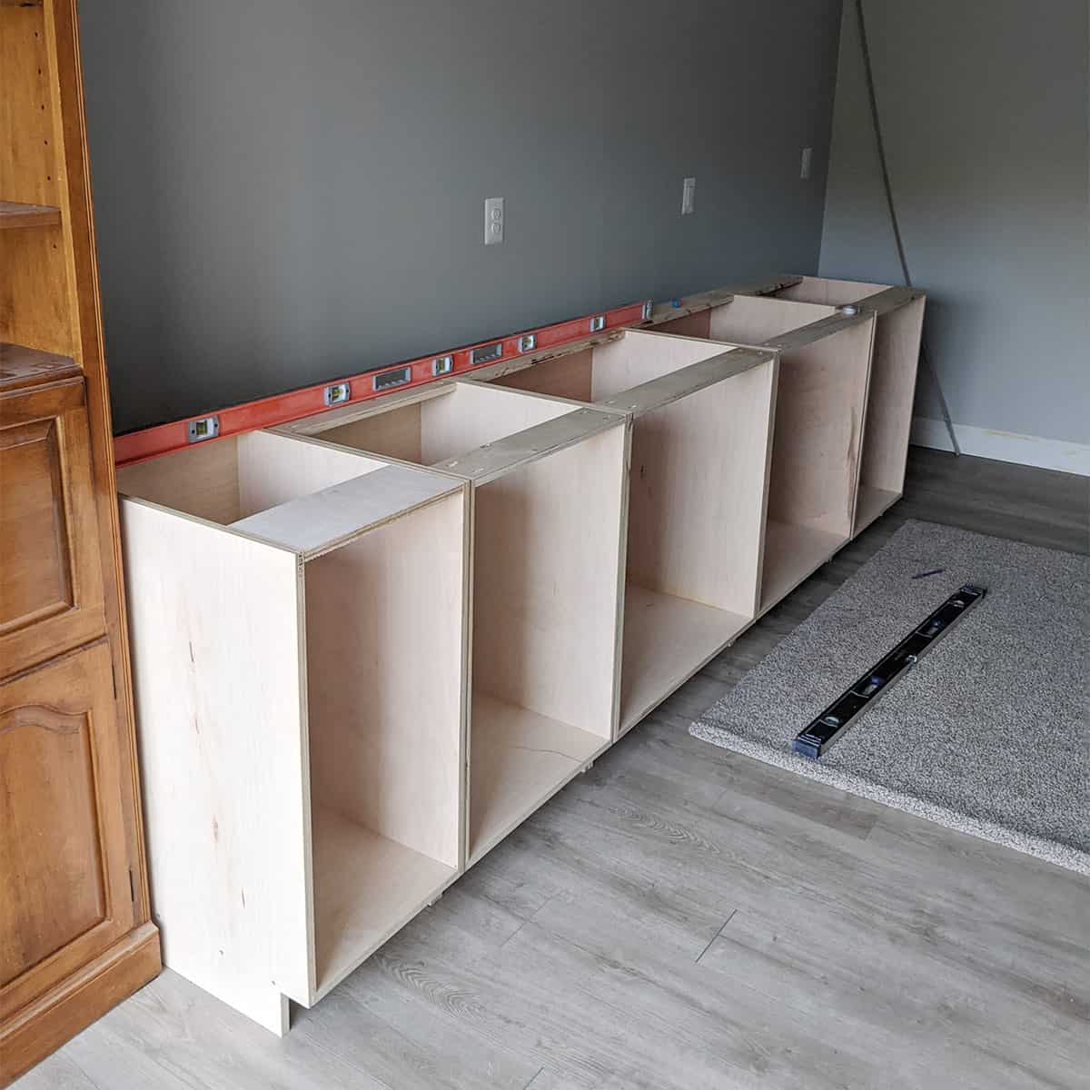 Kitchen cabinet frames in the progress of being built.