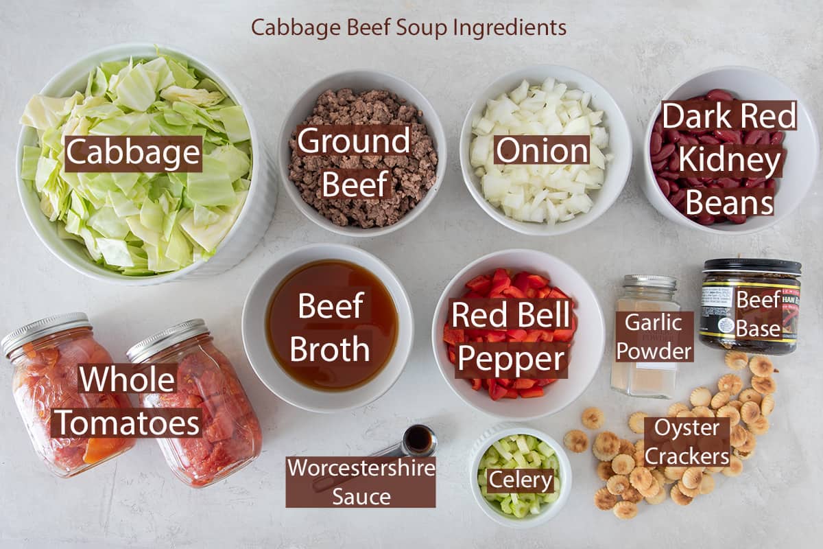 Soup recipe Ingredients in bowls with text labels.