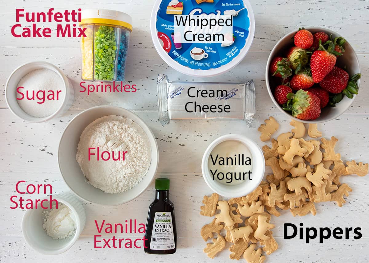 Ingredients for cake batter dip laid out on a table with text label and dipper ideas.