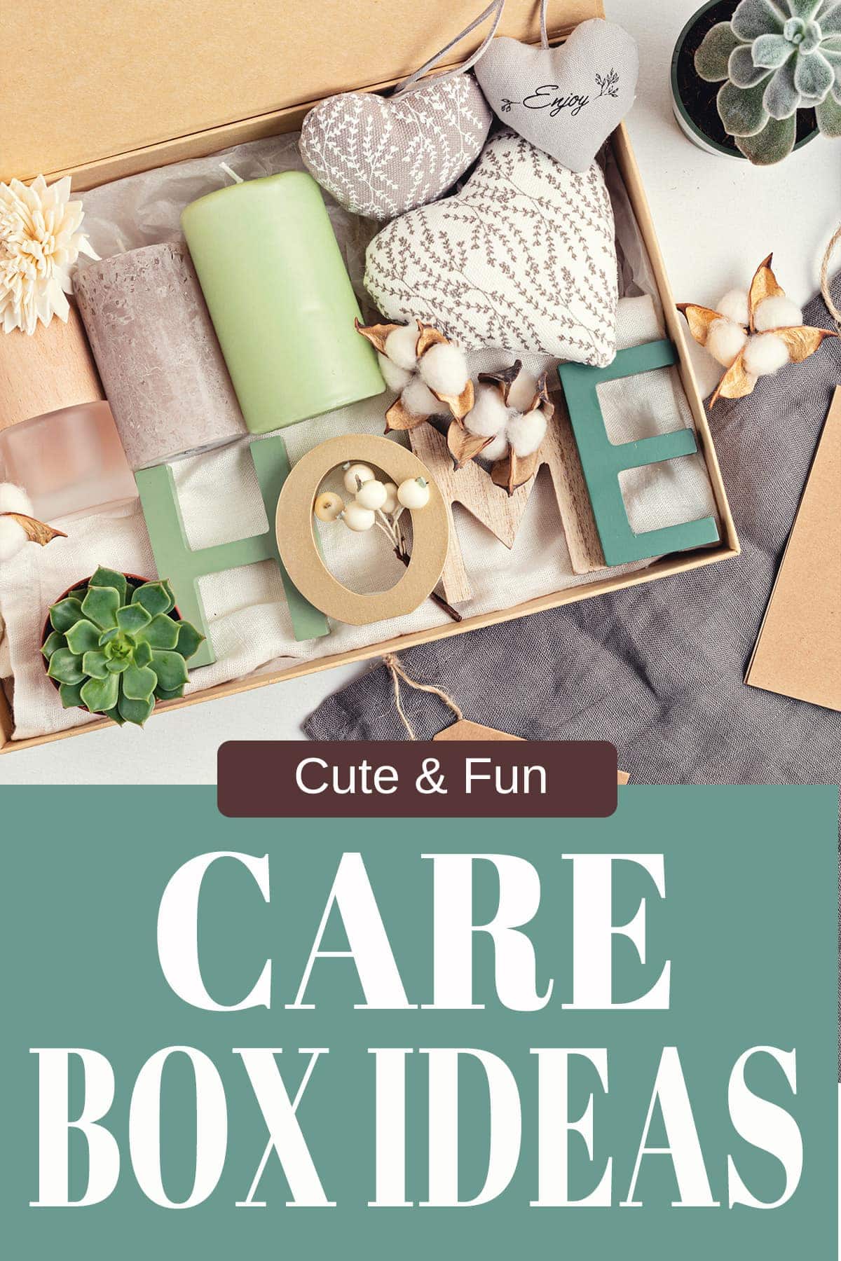 A Care package laid out that says HOME in a box with post title label.