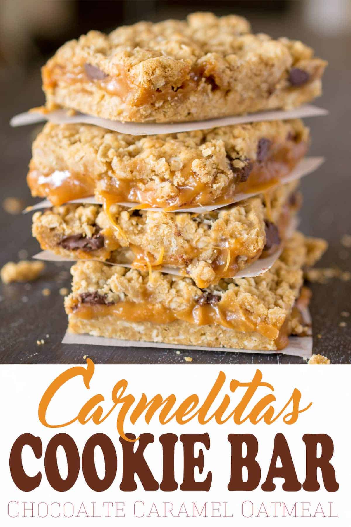 Carmelitas stacked on wax paper with post title overlay.