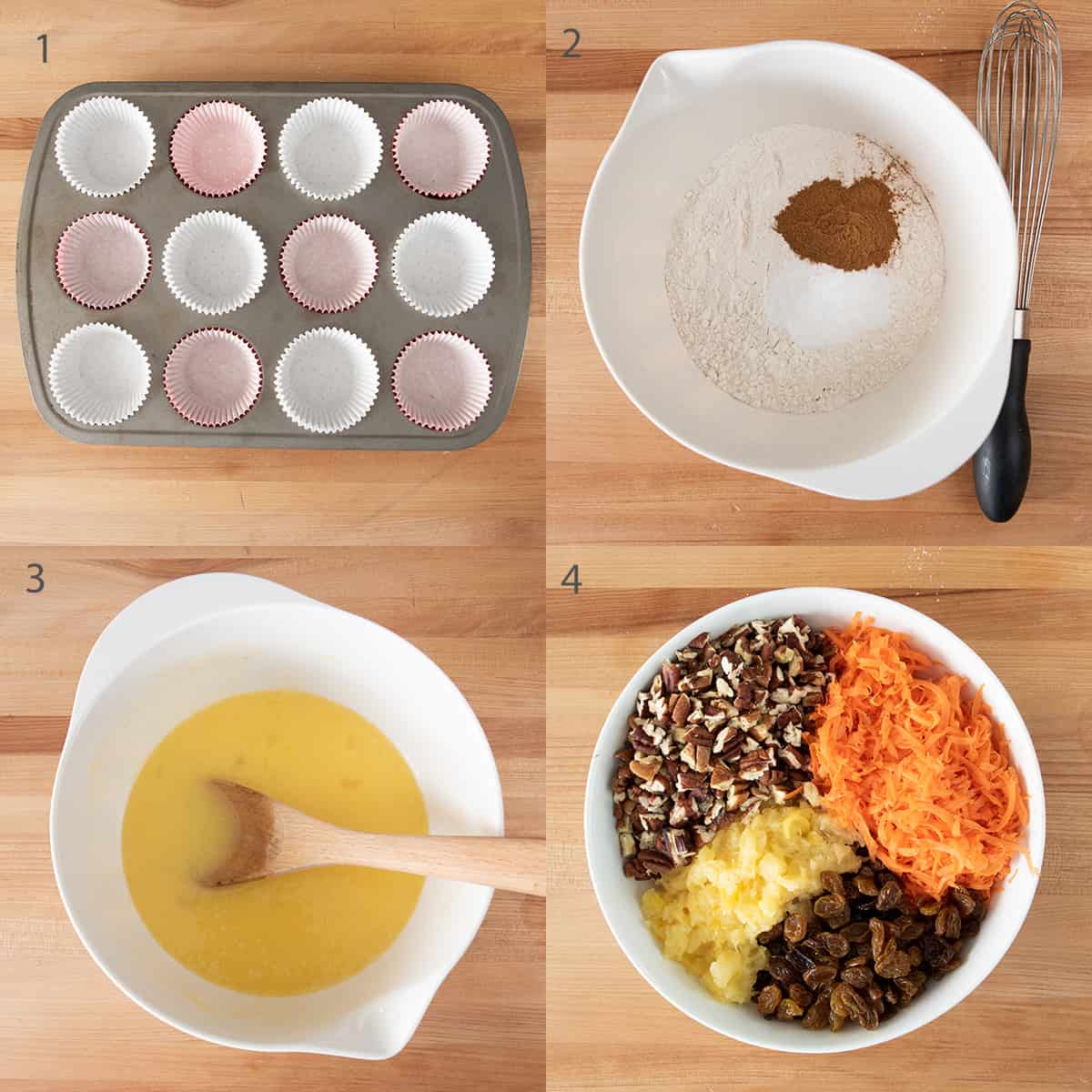 Steps to make carrot cake cupcake batter including cupcake liners, dry and wet ingredients and making the batter.