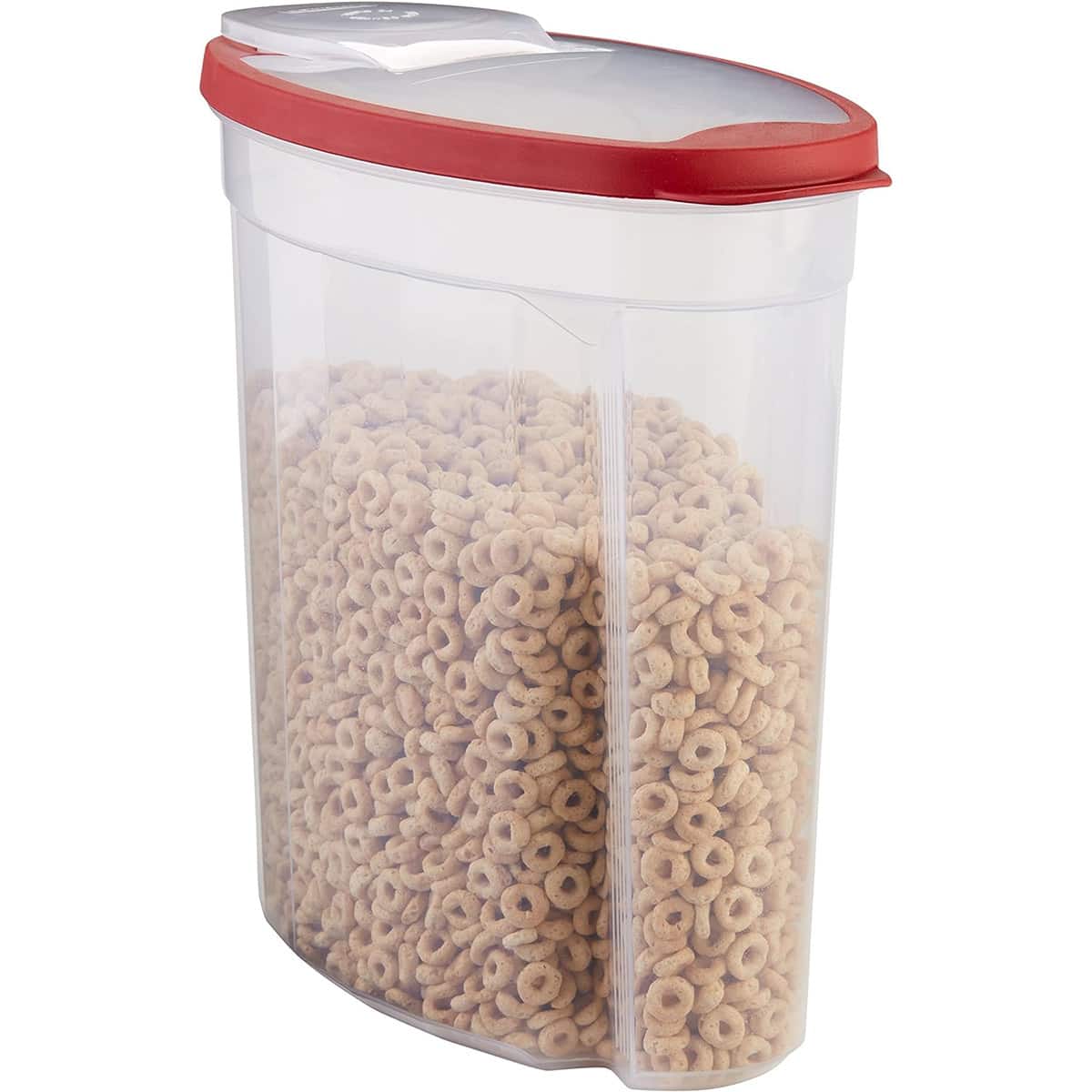 A clear container filled with cereal for dry food storage.