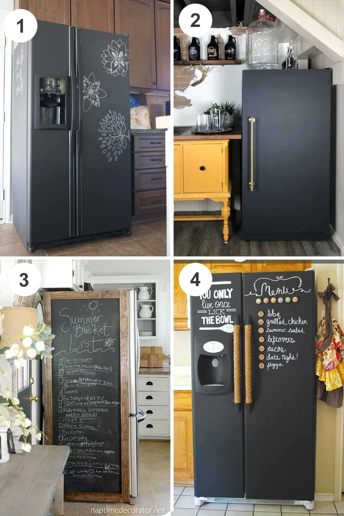 Collage of four black painted chalkboard refrigerators in several styles.