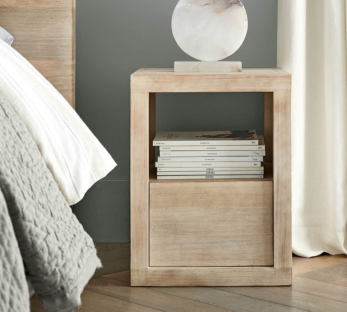Minimalist reclaimed coastal wood square nightstand with open shelf and one drawer.