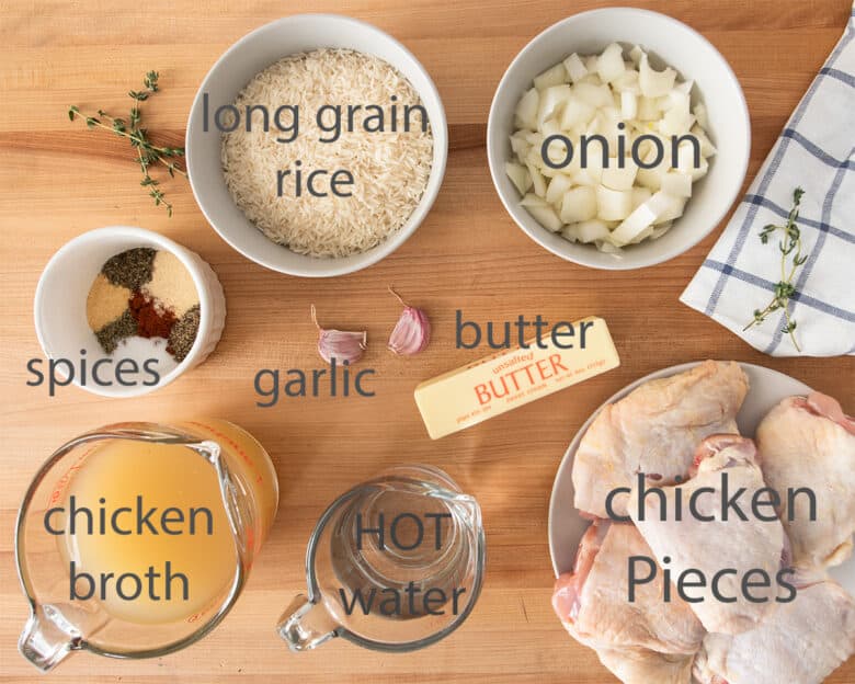 Ingredients for Baked Chicken and Rice Casserole with text labels.