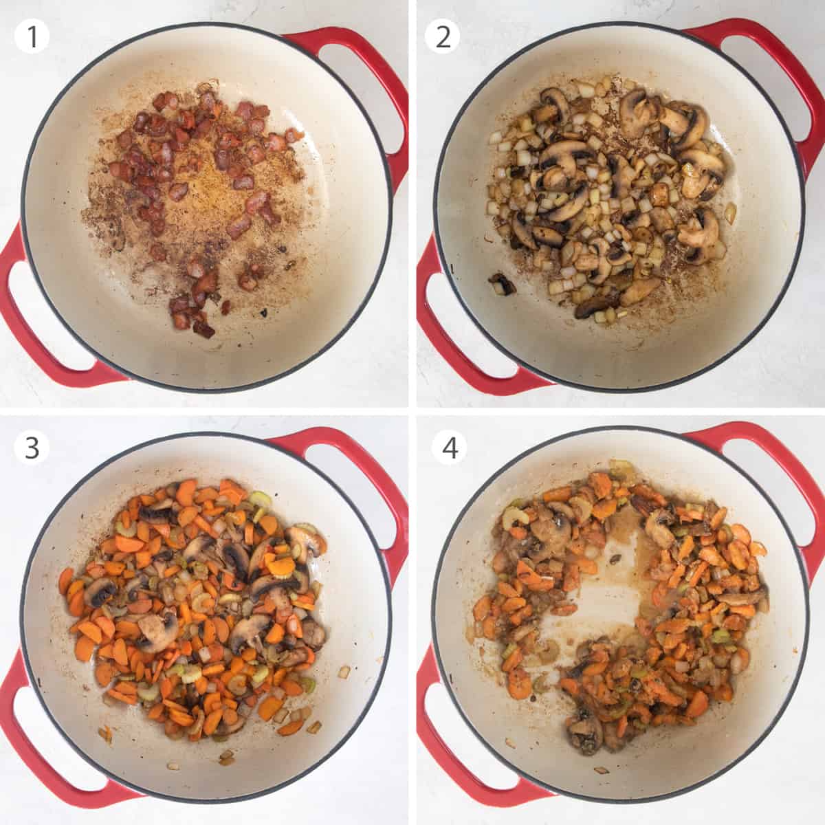 Steps to making a soup base showing cooked bacon, vegetables, and deglazing the pot.