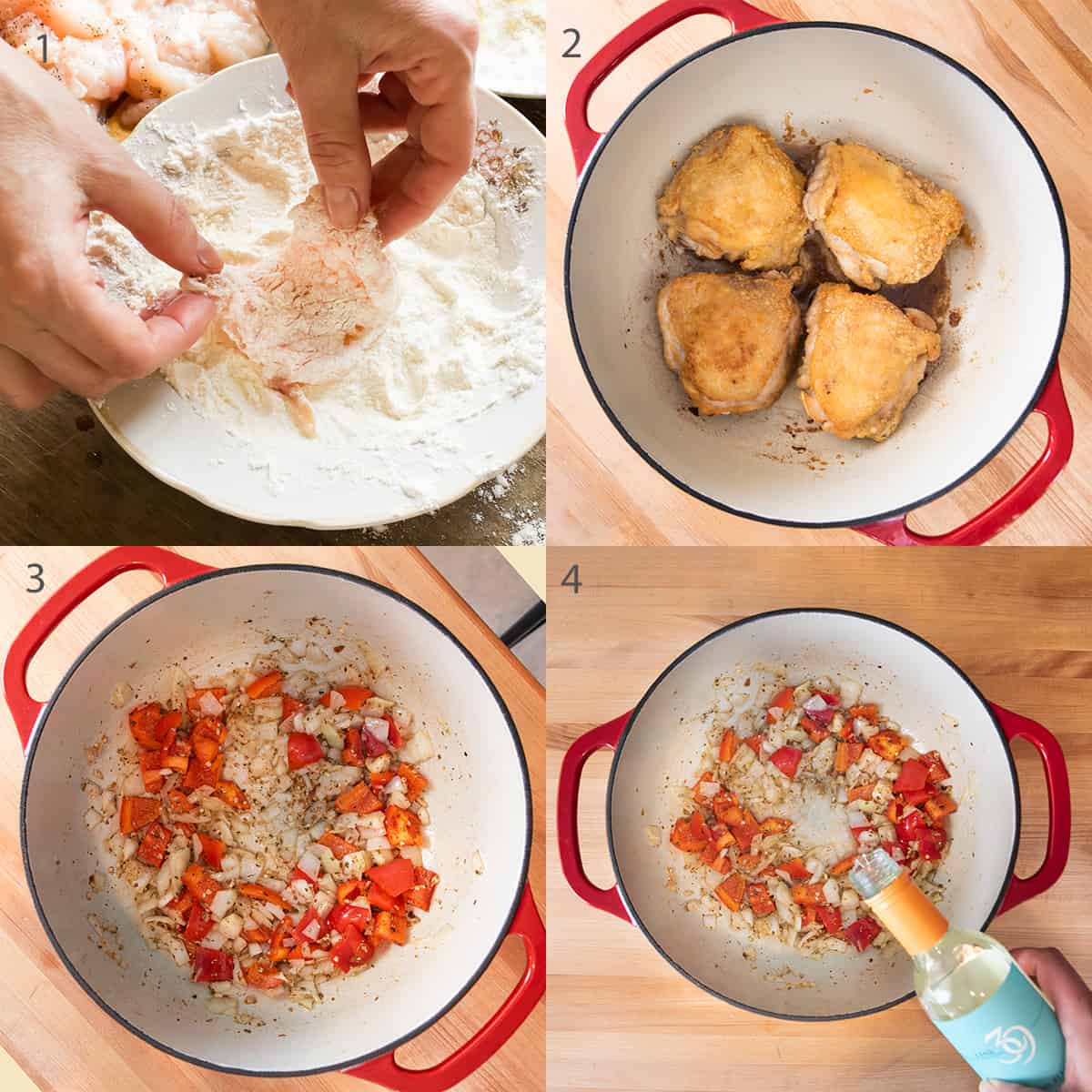 Steps showing how to stew chicken.