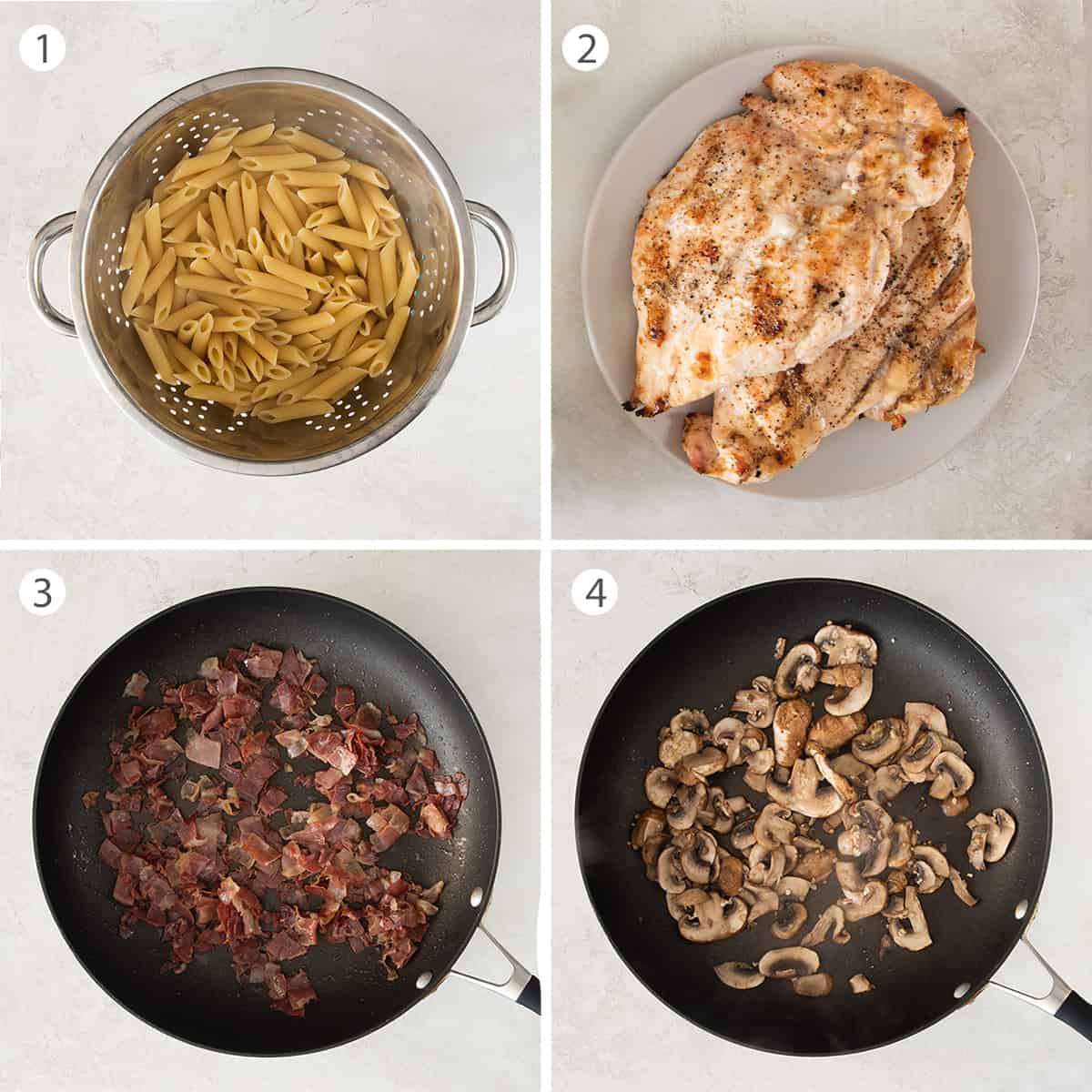 Steps to making chicken pasta including cooking the pasta, chicken, prosciutto, and mushrooms.