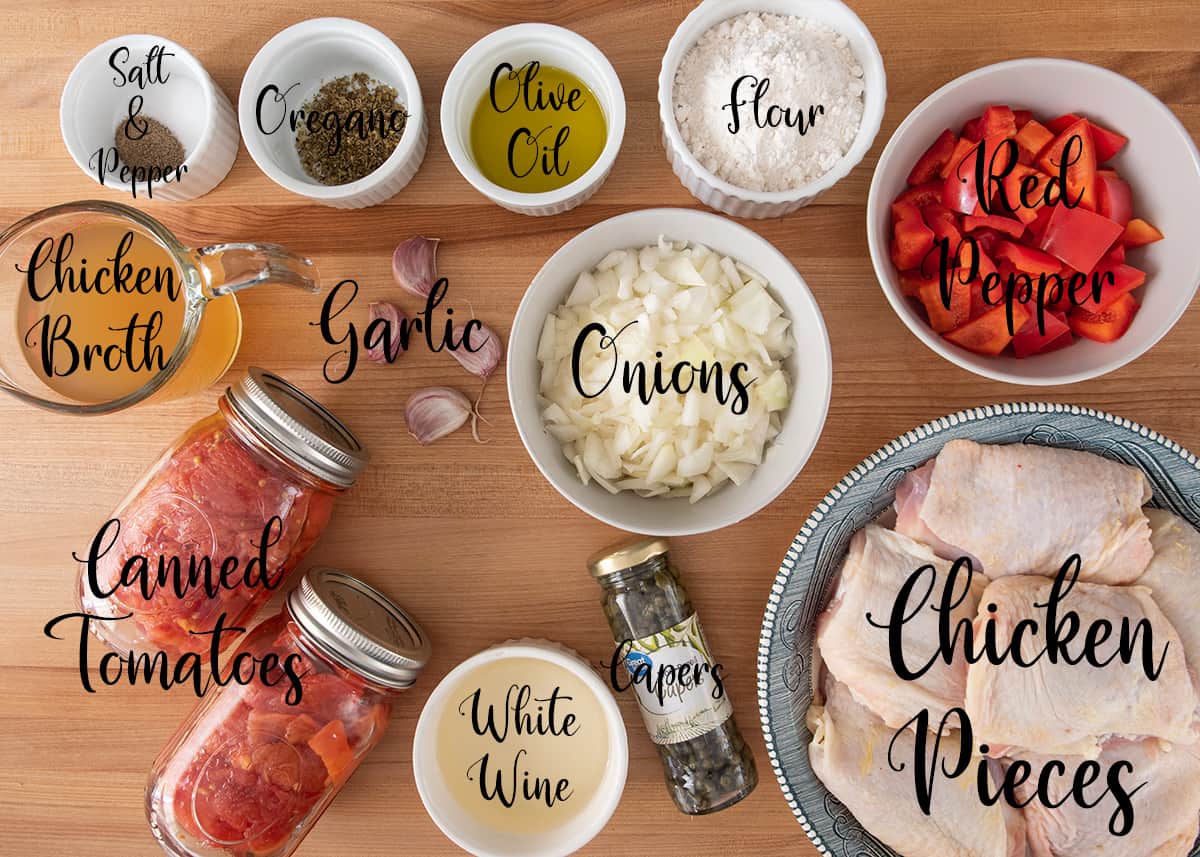 Ingredients for Chicken Cattiatore with text labels.