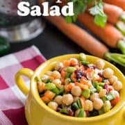 Delicious Summer Chickpea Salad consisting of delicious chopped salad with lots of veggies, cranberries, and a tangy vinaigrette dressing.