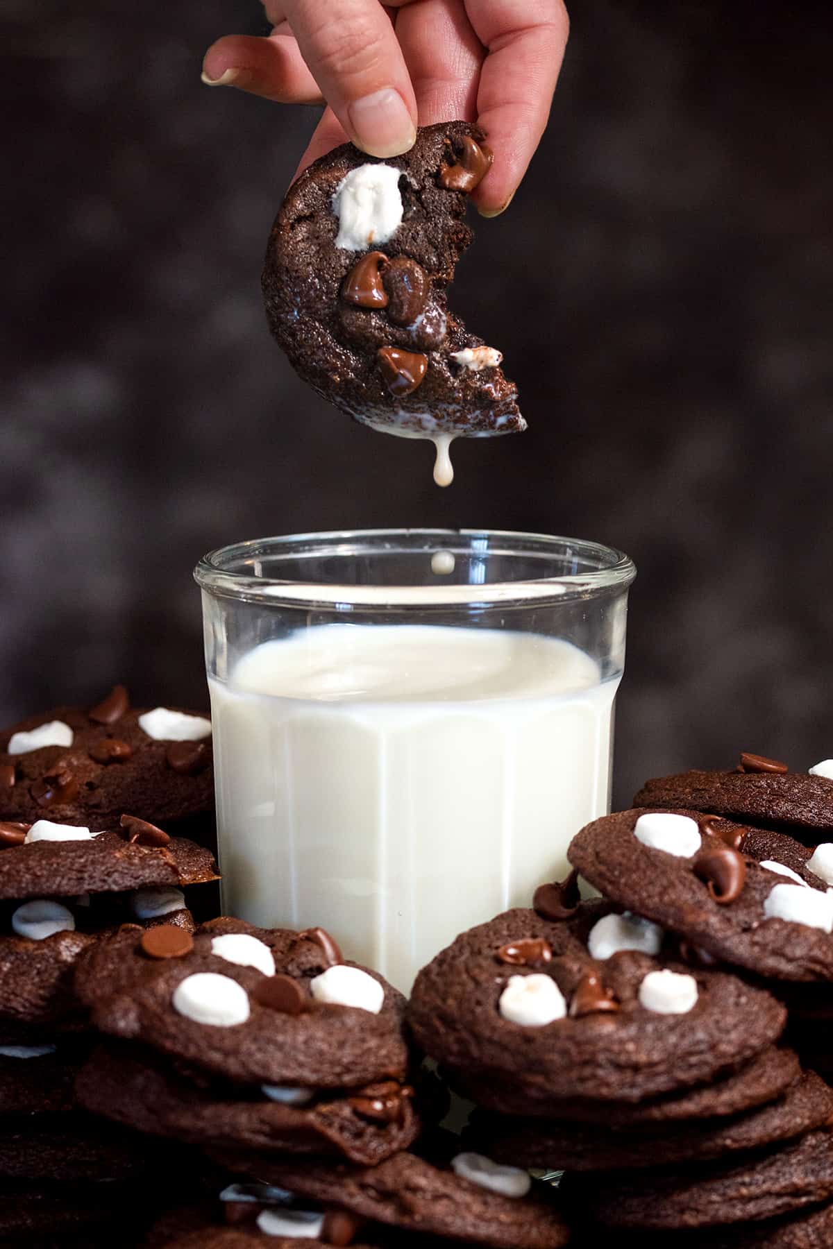 Closeup of a hand dipping a chocolate cookie in a glass of milk and raising with a drip of milk below the cookie.
