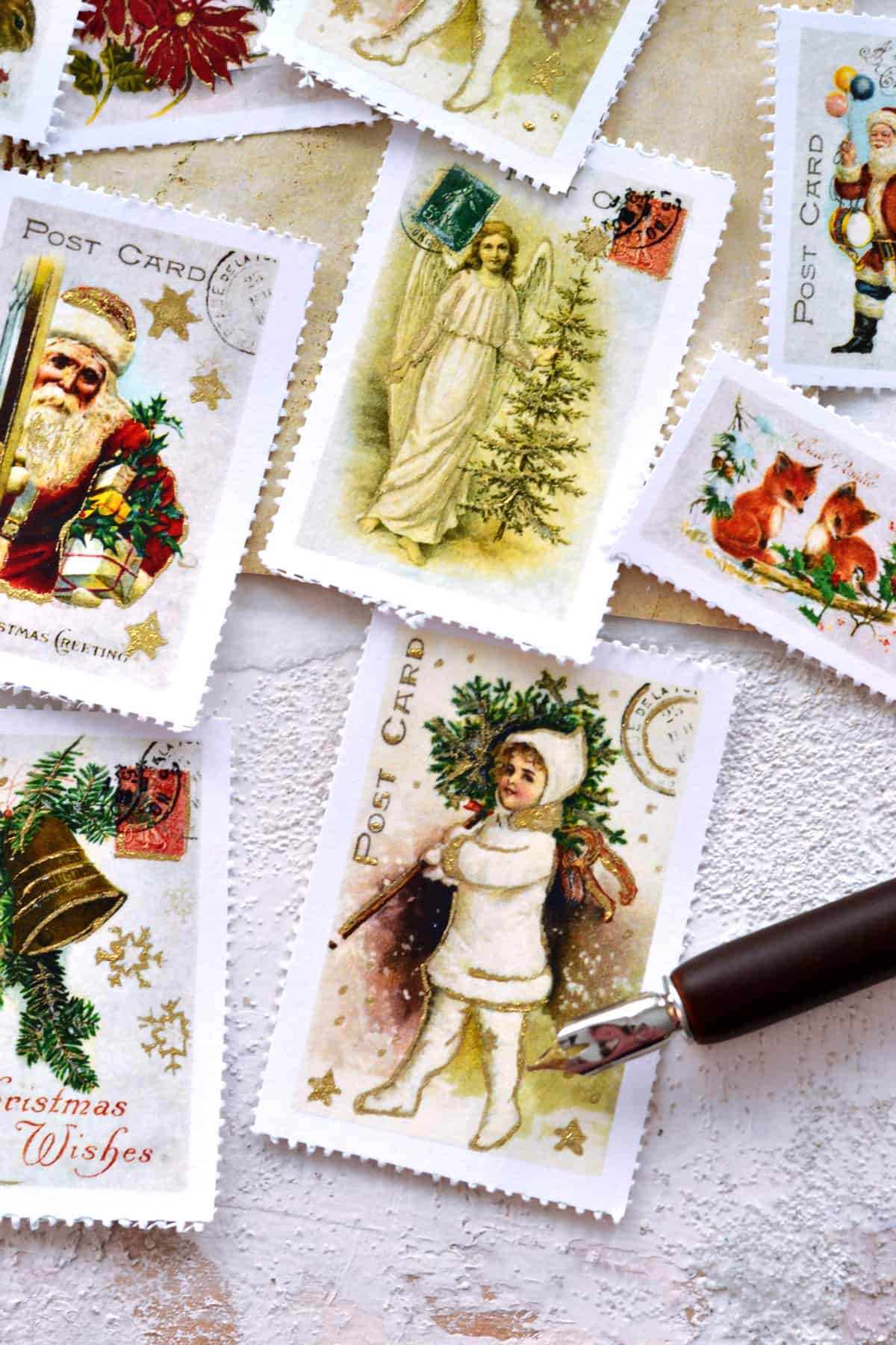 Vintage Christmas stamps scattered on a white background.