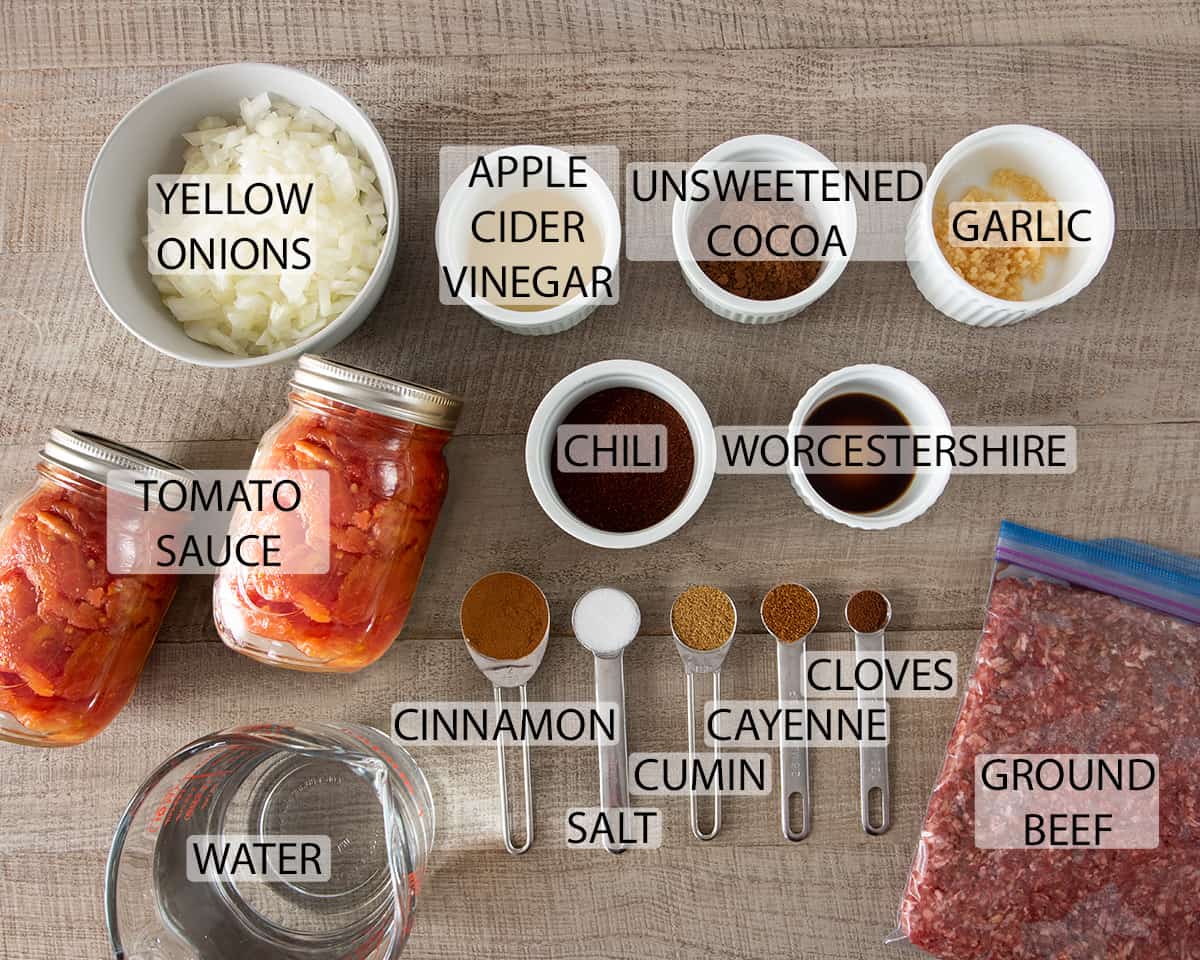 Ingredients for chili recipe with text labels.