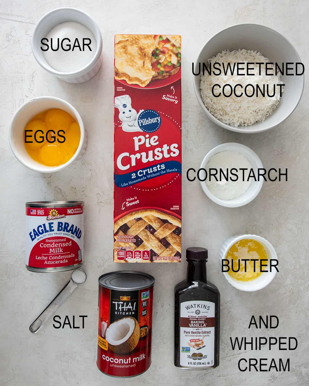 Ingredients for Coconut Cream Pie on a table with text labels.
