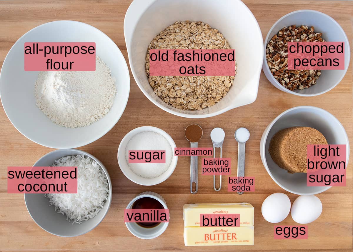 Ingredients to make coconut pecan cookies with text labels.