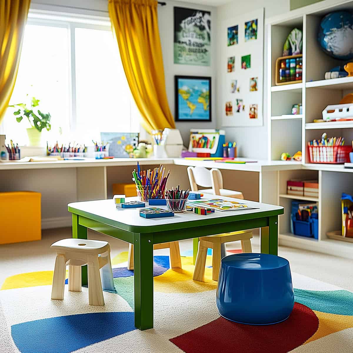 Colorful playroom with art table and chairs and a desk in the background in front of a window.