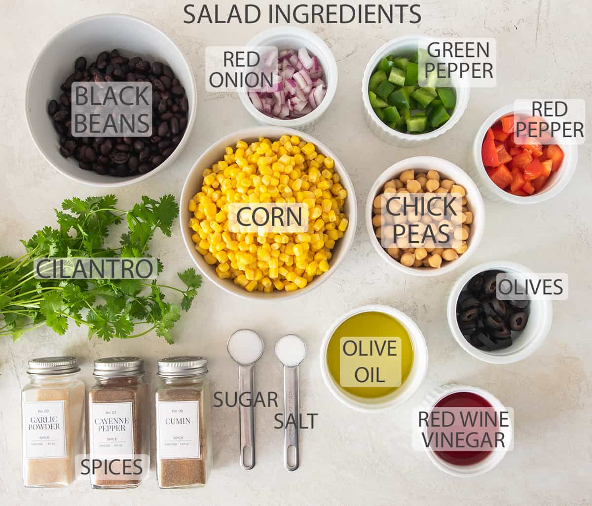 Ingredients for corn and black bean salad with text labels.