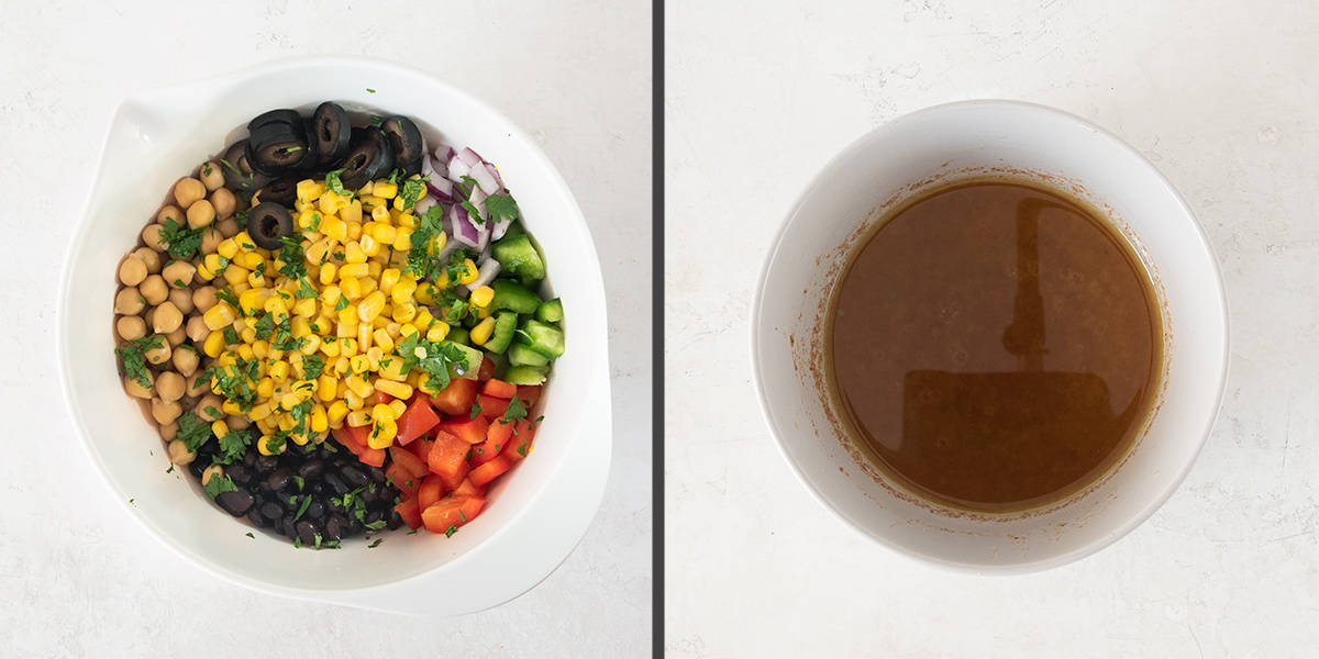 Steps to making corn and black bean salad including mixing vegetables and making the dressing.