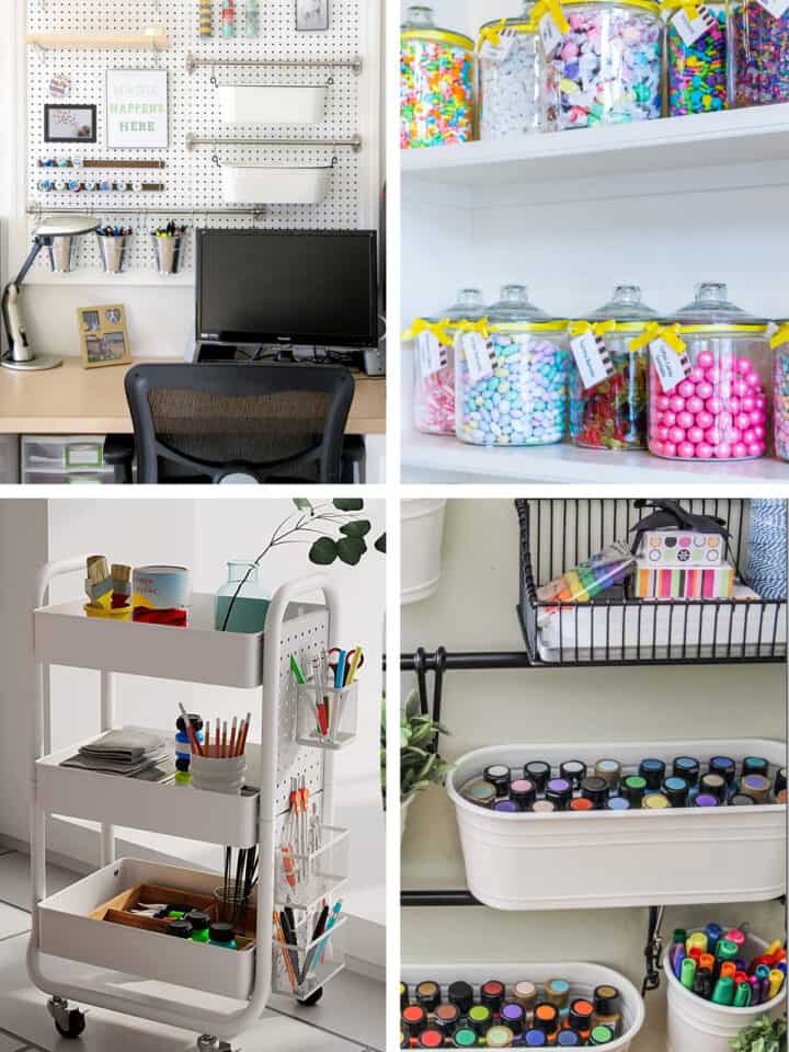Ideas for crafting materials storage and organization including a cart, bins, and glass jars with labels.