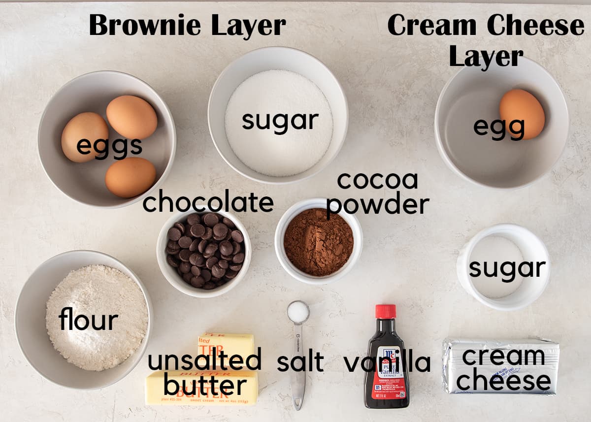 Cream cheese brownie ingredients with text labels.