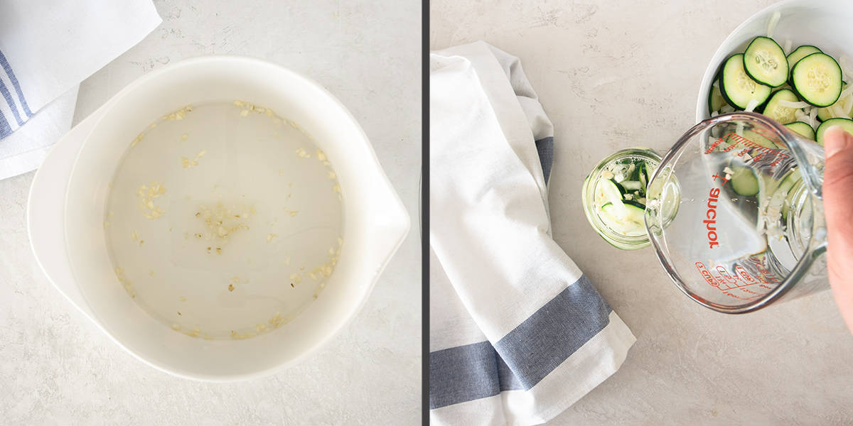 Collage of steps for making old fashioned vinegar cucumber salad including prepping the dressing and pouring.