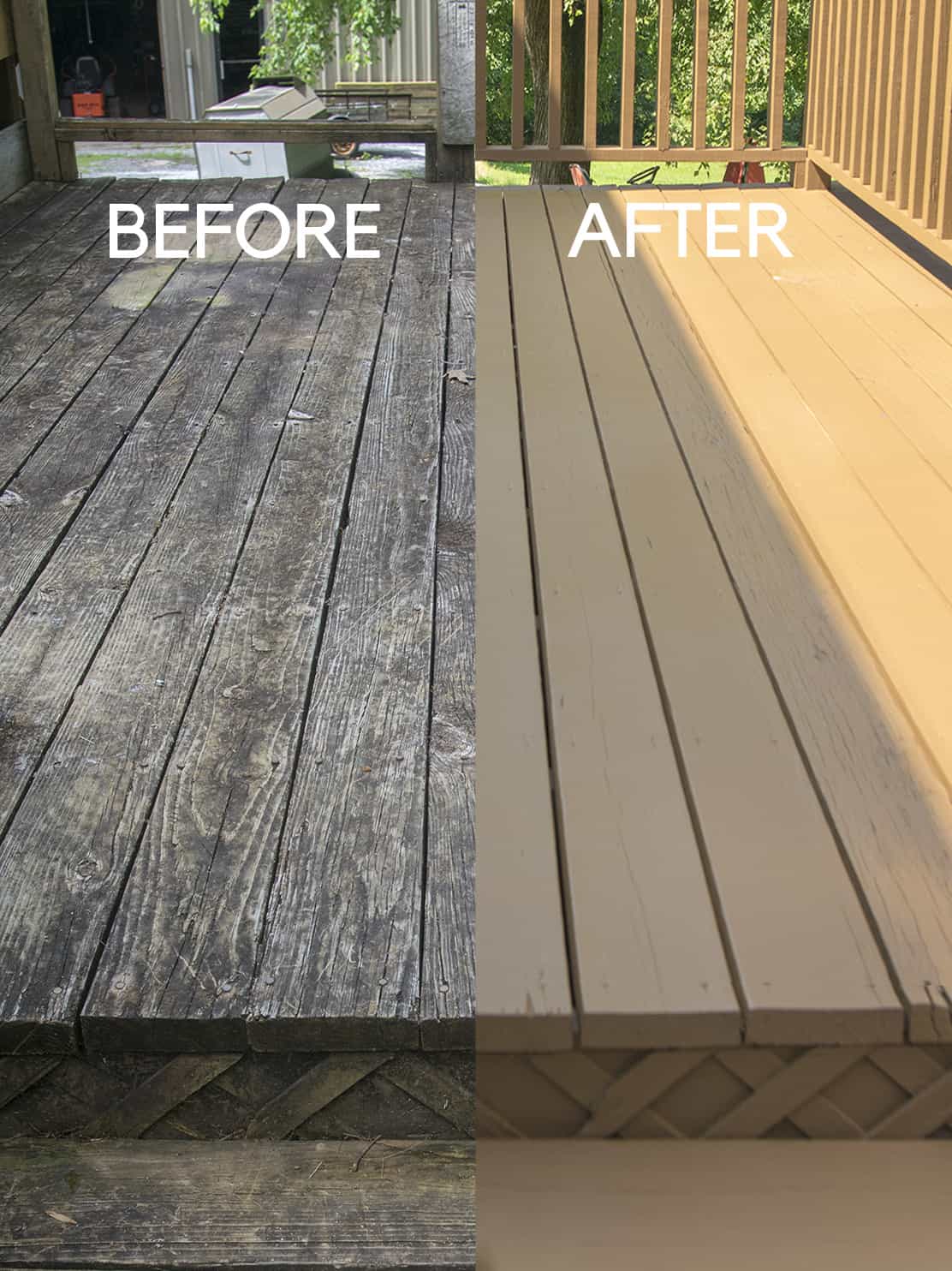 Before and after deck restoration side by side comparison.