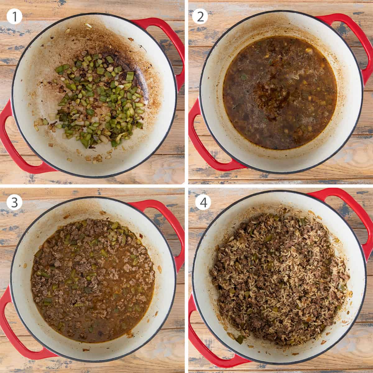 A collage of steps to make dirty rice including steaming holy trinity, adding the stock, and adding the rice to pot.